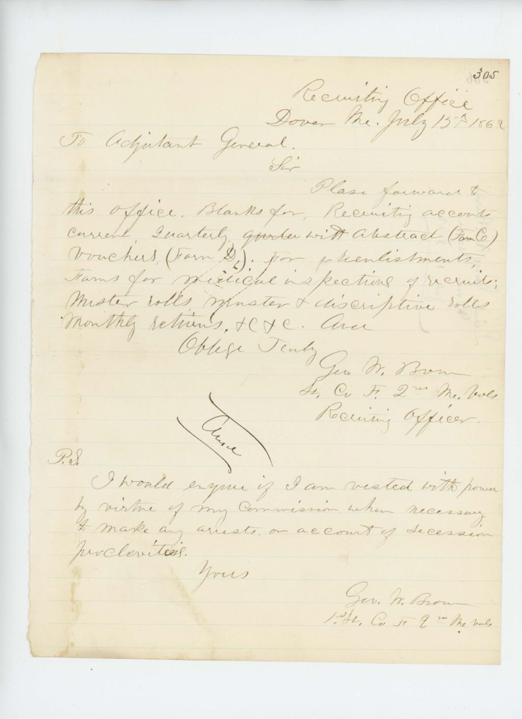 Miniature of Lieutenant George W. Brown requests enlistment and recruitment paperwork