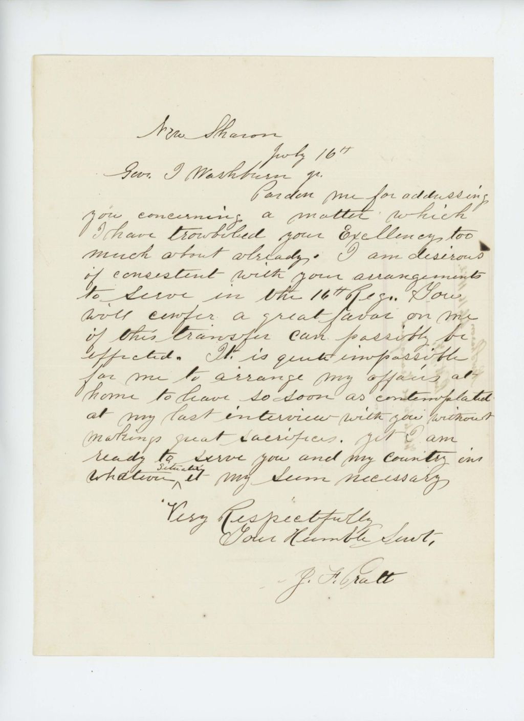 Miniature of J.F. Pratt requests a transfer to the 16th Maine Regiment
