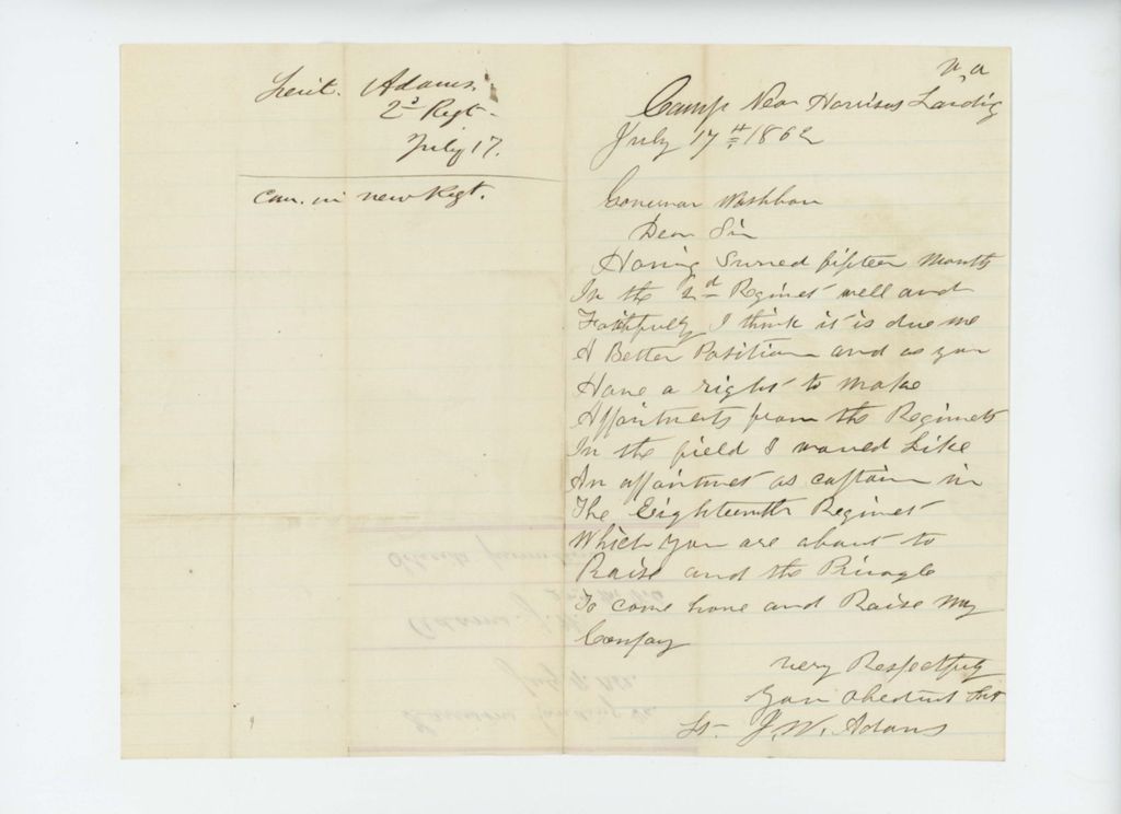Miniature of Lieutenant J.W. Adams requests a promotion to captain and transfer to the 18th Maine Regiment