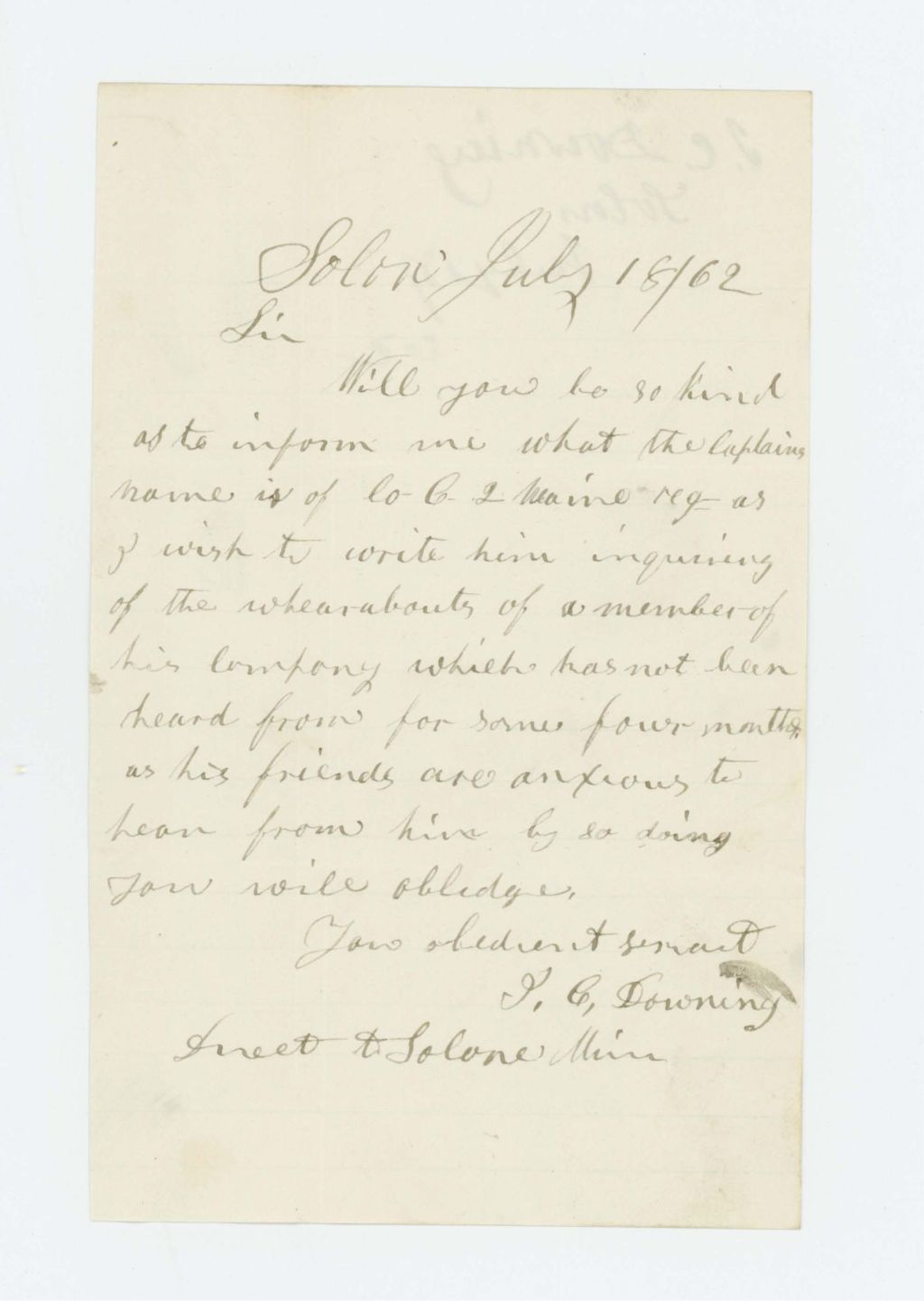 Miniature of J.C. Downing of Solon inquires about missing friend