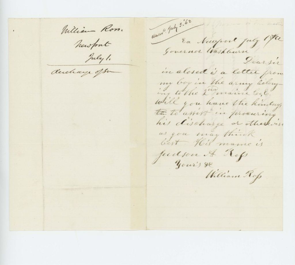 Miniature of William Ross requests the discharge of his son Judson A.  Ross