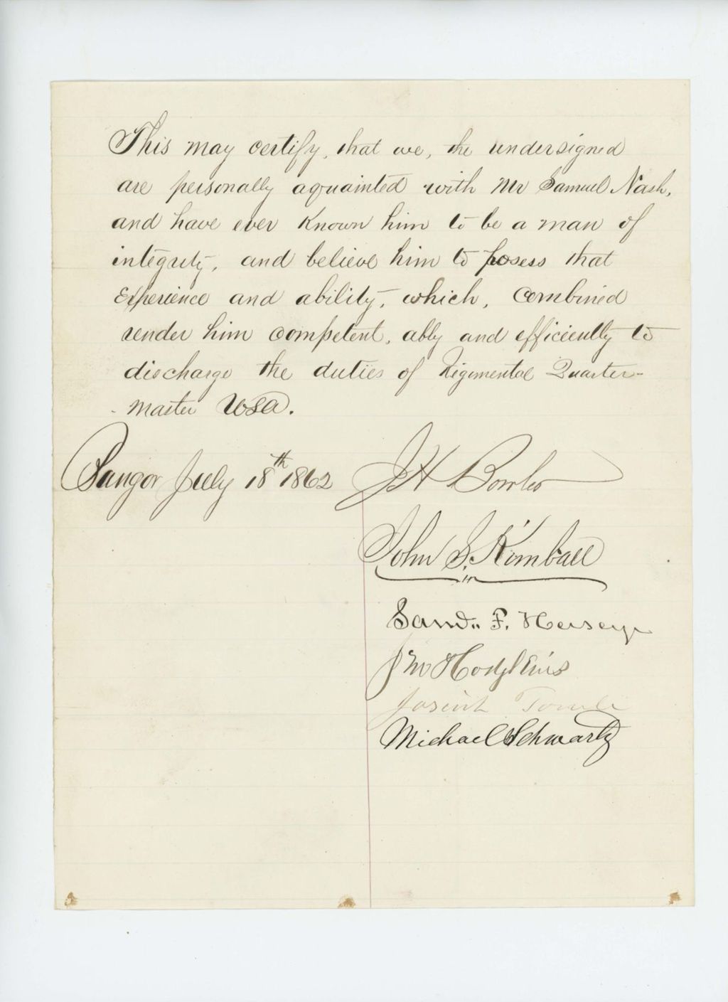Miniature of John Kimball and others endorse Samuel Nash as regimental quartermaster