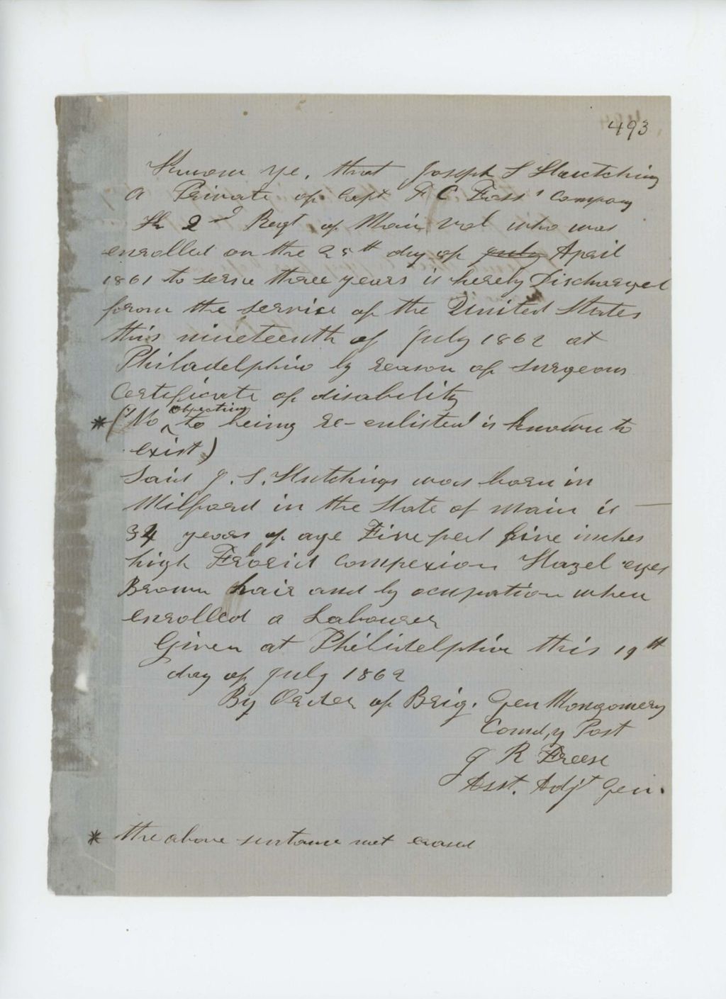 Miniature of Discharge papers of Joseph Hutching of Milford