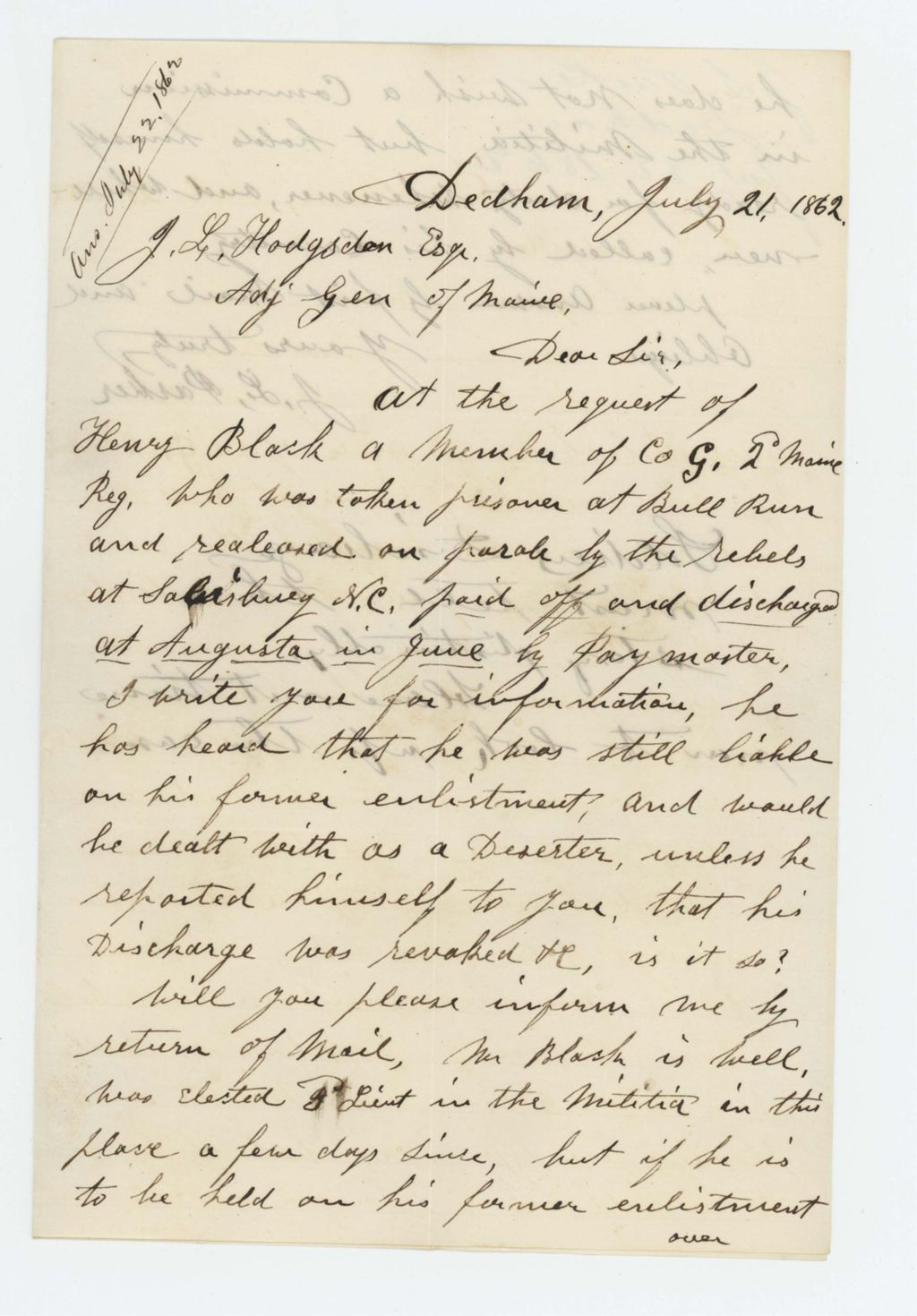 Miniature of J.F. Parker writes on behalf of Henry Black, Company G