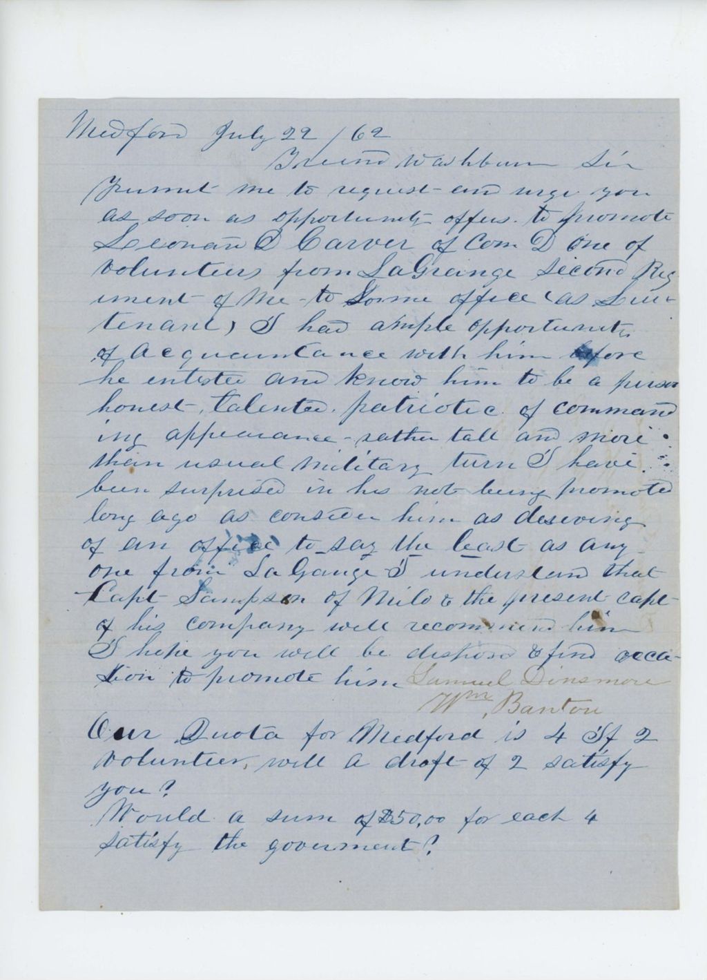 Miniature of Samuel Dinsmore writes to Governor Washburn in support of the promotion of Leonard D. Carver