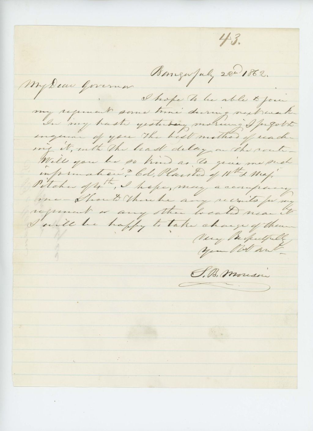 Miniature of S.B. Morrison requests instruction on how to return to regiment