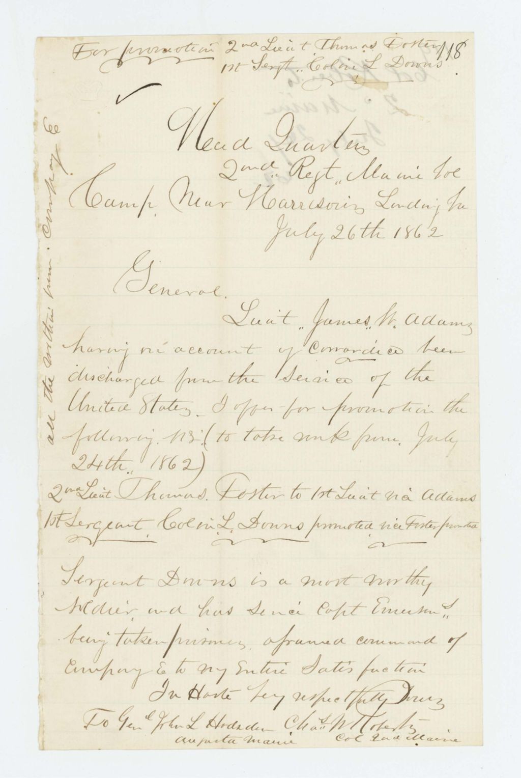 Miniature of Colonel Charles Roberts requests promotion of Thomas Foster and Colin Downs