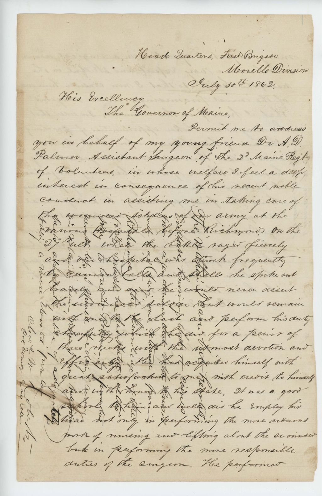 Miniature of Dr. William White requests that Dr. A.D. Palmer be promoted to regimental surgeon