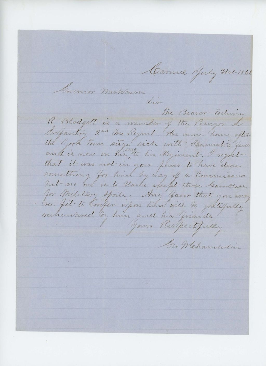 Miniature of George W. Chamberlin writes regarding a commission for Edwin R. Blodgett