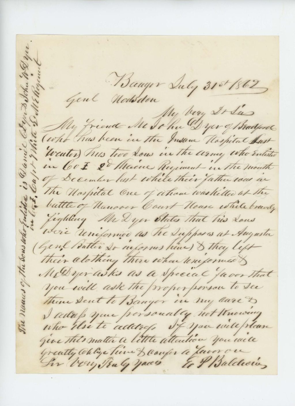 Miniature of E.P. Baldwin writes on behalf of John Dyer regarding his sons