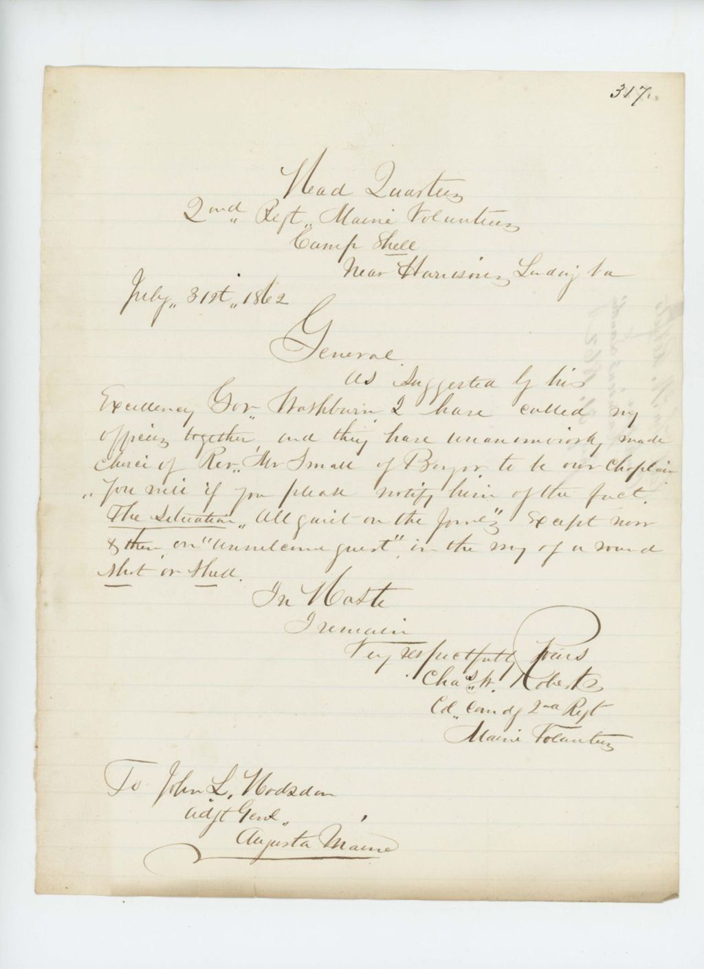 Miniature of Colonel Charles Roberts informs Adjutant General Hodsdon that the regiment has chosen Reverend Small for chaplain