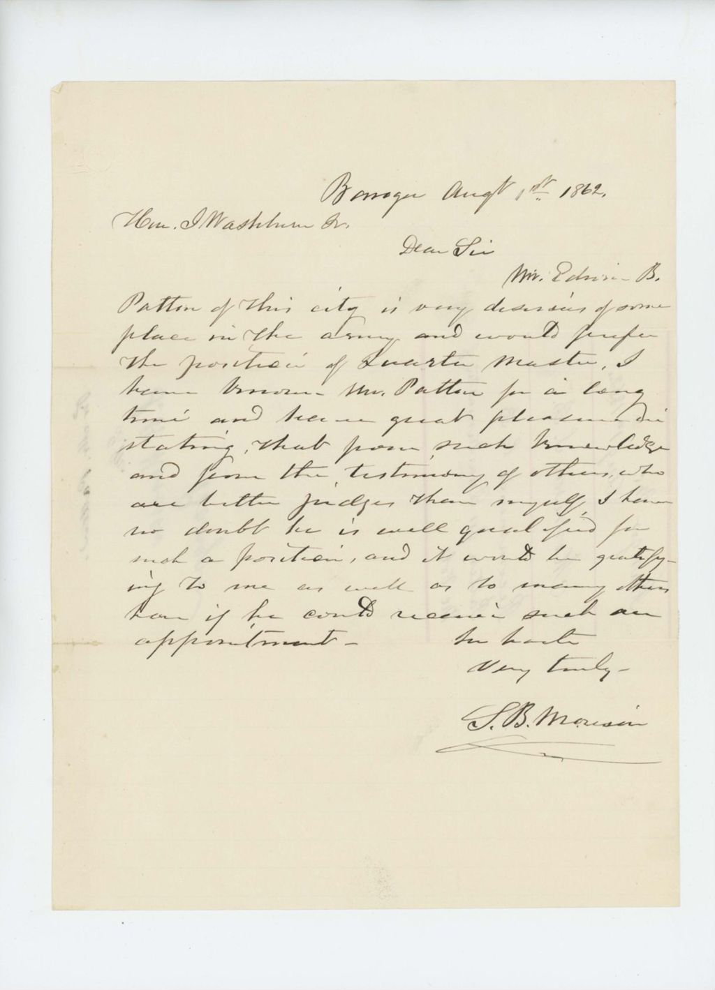 Miniature of S.B. Morrison recommends E.B. Patten for Quartermaster