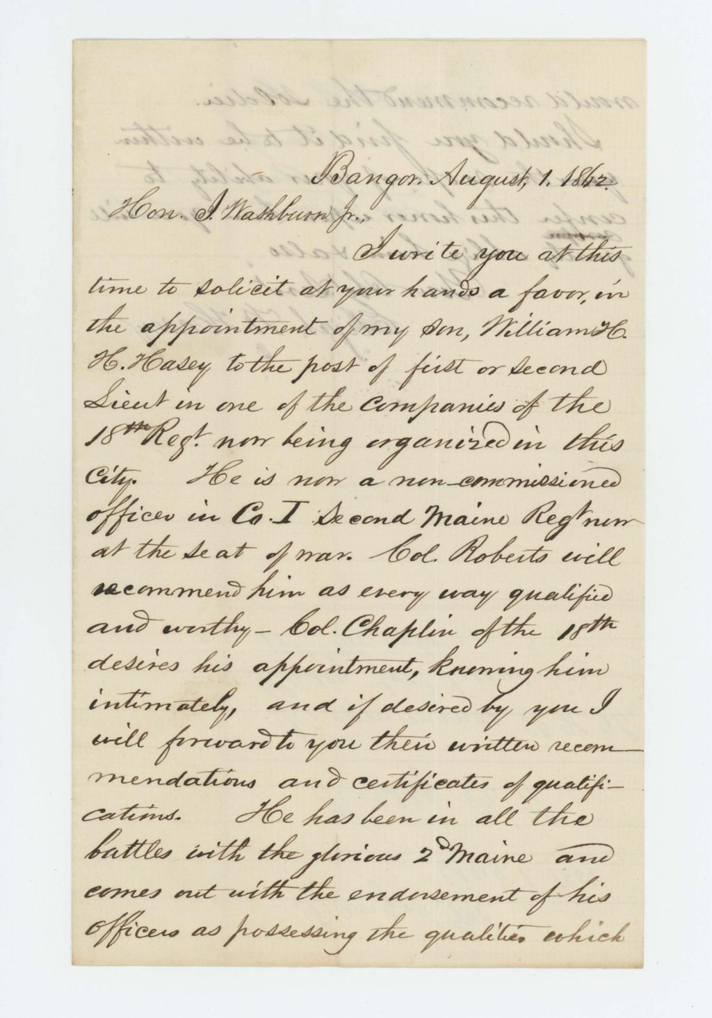 Miniature of Elijah W. Hasey requests a commission for his son William H. H. Hasey in the 18th Regiment