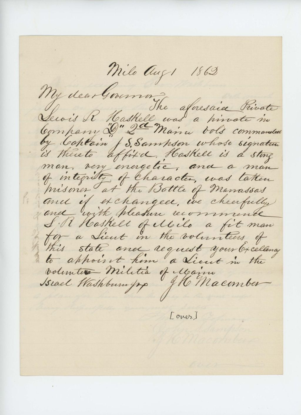 Miniature of J.H. Macomber, Phineas Tolman, and John S. Sampson recommend Lewis R. Haskell for promotion