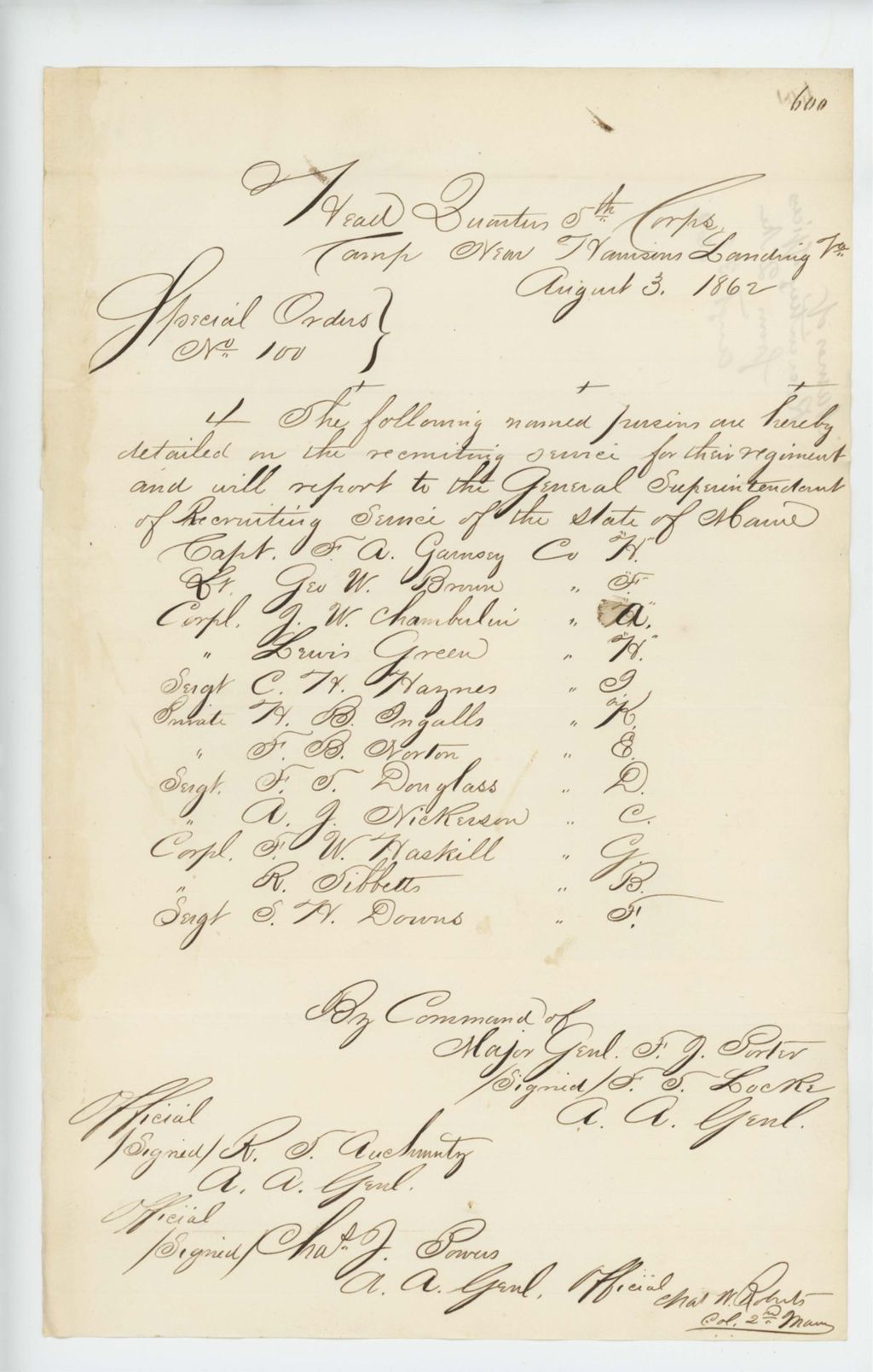 Miniature of Special Order 100 listing names of recruiting officers