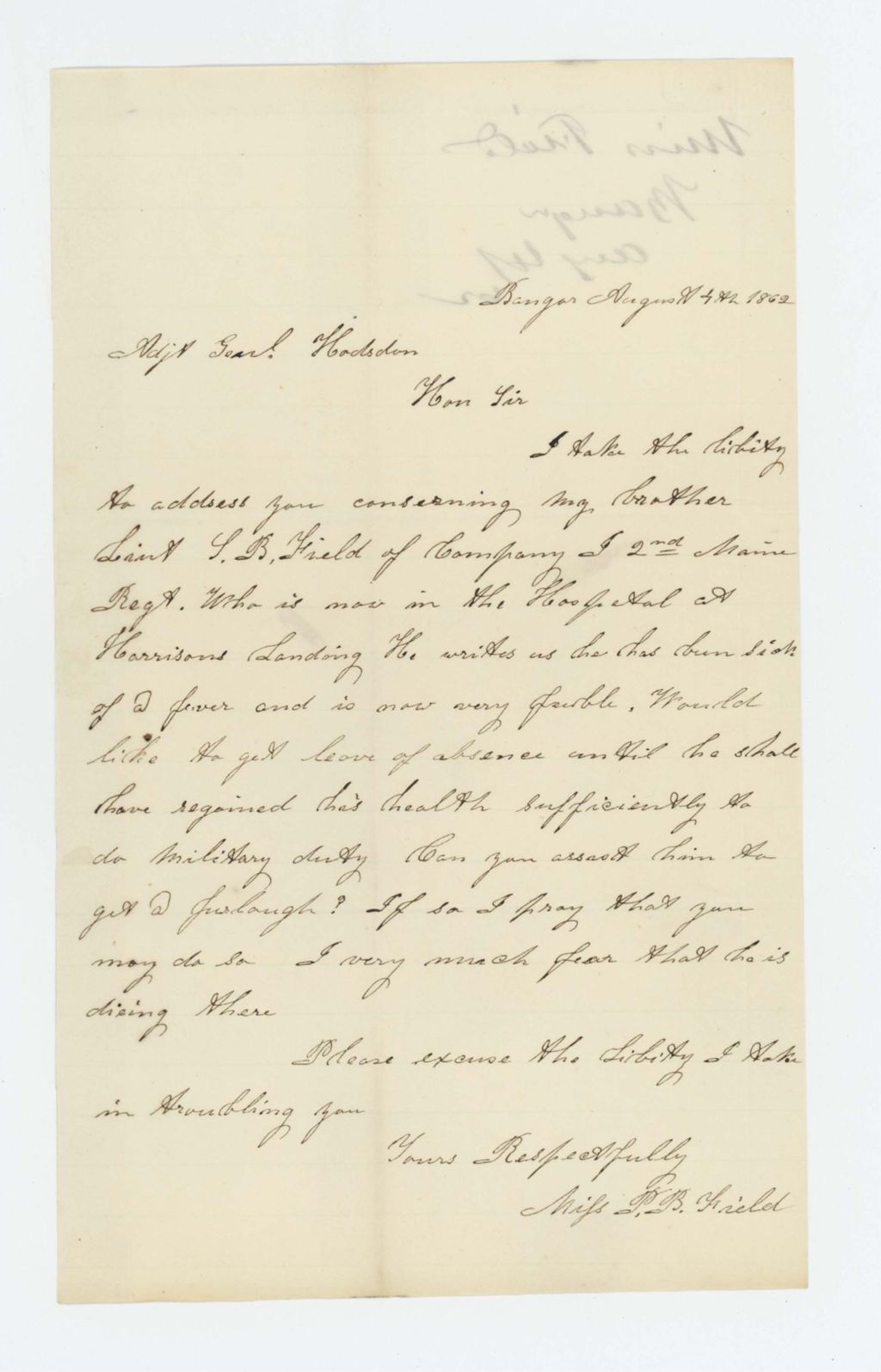 Miniature of Miss P.B. Field requests a furlough for her brother, Lieutenant S.B. Field
