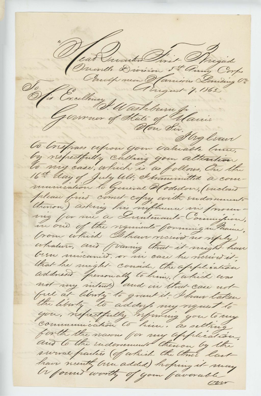 Miniature of Private George Holt requests a commission from Governor Washburn