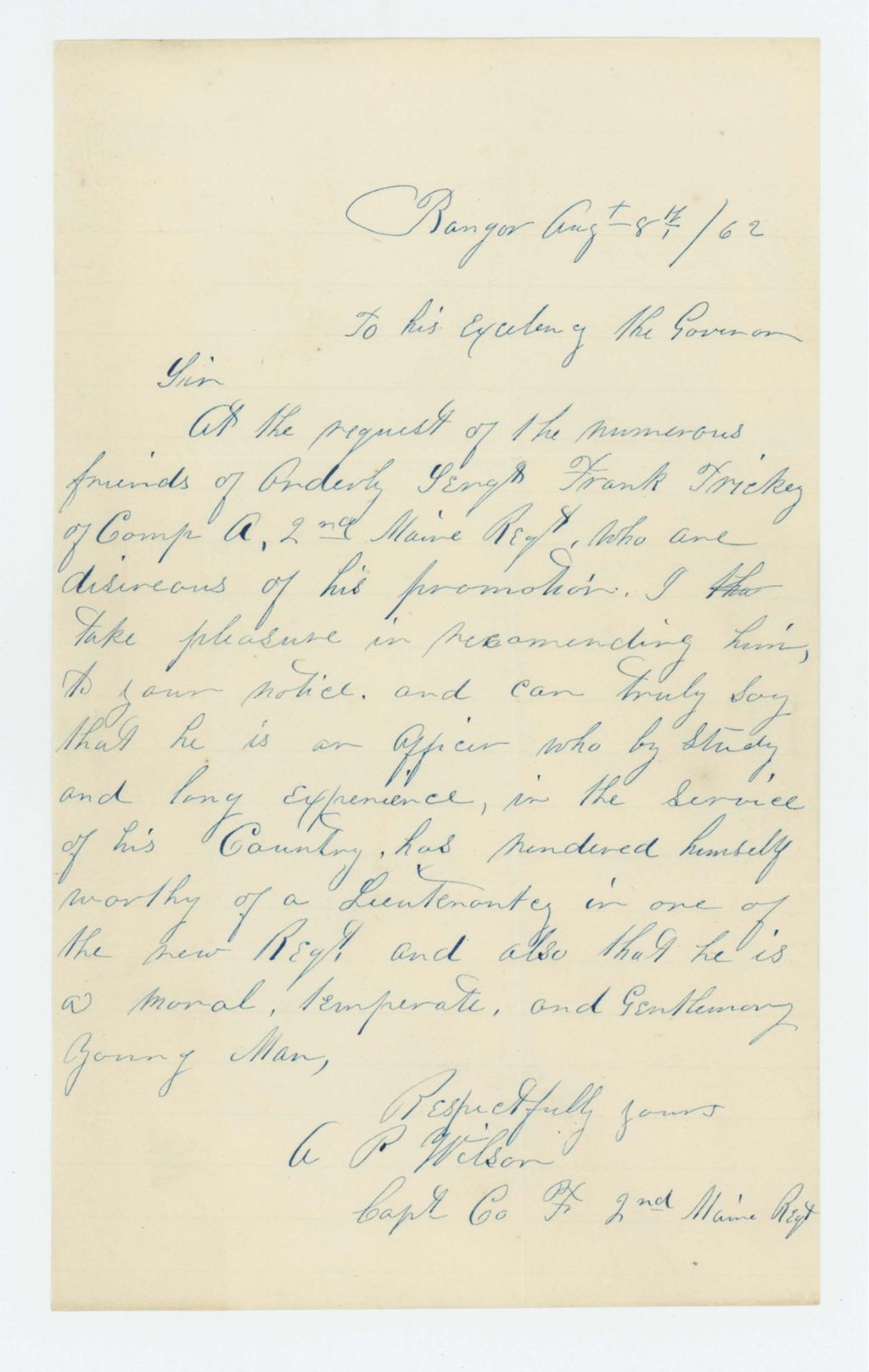 Miniature of Captain A.P. Wilson recommends Orderly Sergeant Frank Trickey for promotion