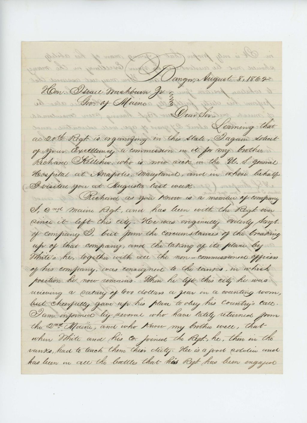 Miniature of D.F. Kelleher requests a commission for his brother Richard in the new 20th Maine Regiment