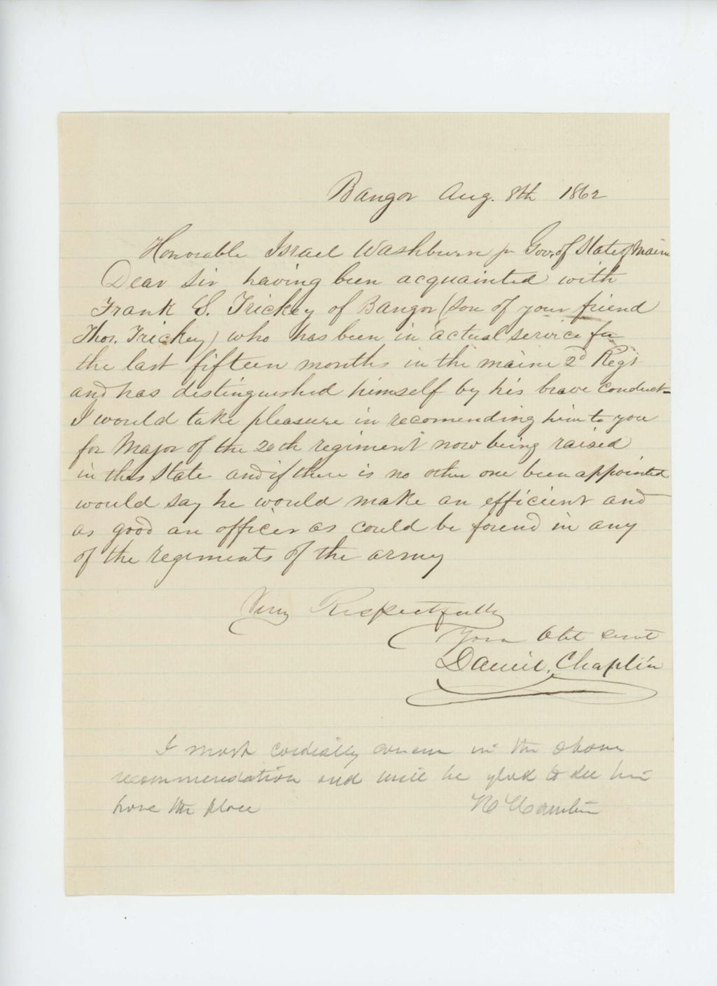 Miniature of Daniel Chaplin recommends Frank Trickey for Major in the 20th Maine Regiment