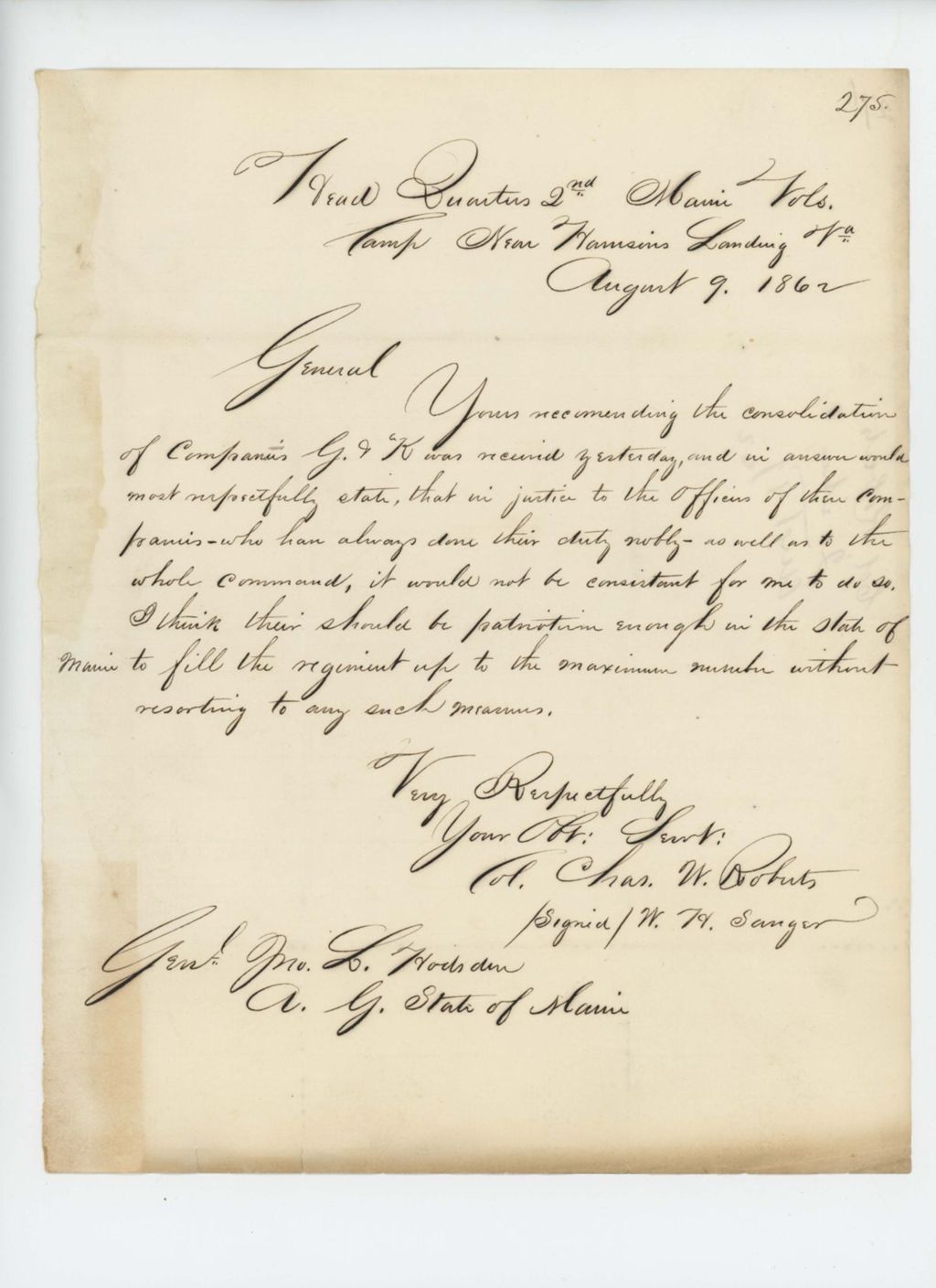 Miniature of Colonel Charles Roberts responds to Adjutant General Hodsdon regarding consolidation of Companies G and K