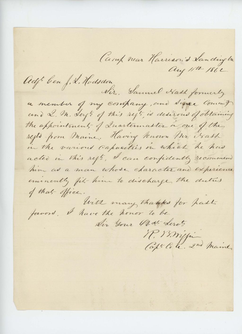 Miniature of Captain R.B. Wiggin recommends Samuel Nash for promotion