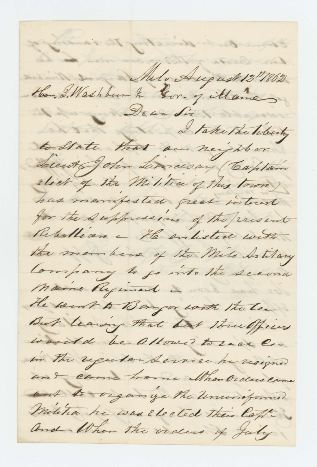 Miniature of Russell Kittredge recommends John Lindsay for appointment as lieutenant