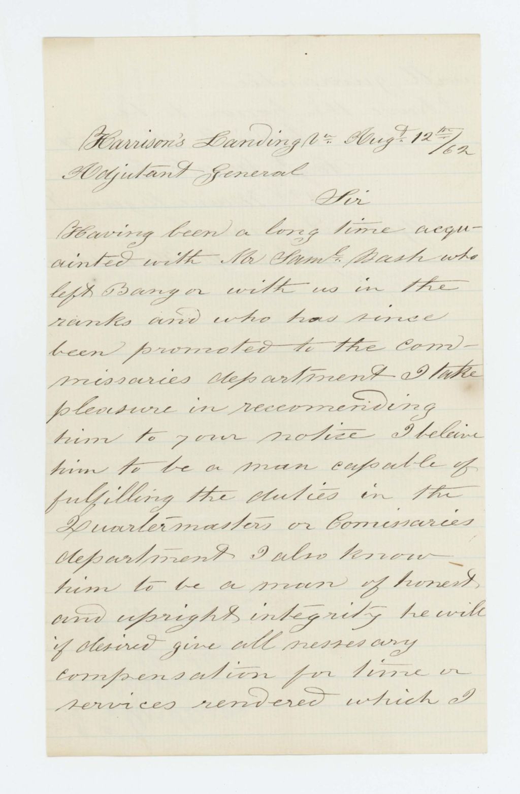 Miniature of Sergeant James Anderson writes in support of Samuel Nash for Quartermaster