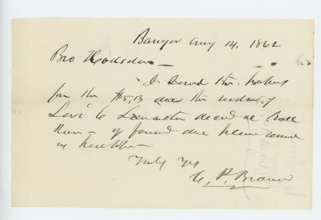 Miniature of G.P. Brown sends receipts for money due to the widow of Levi Lancaster of the 2nd Regiment