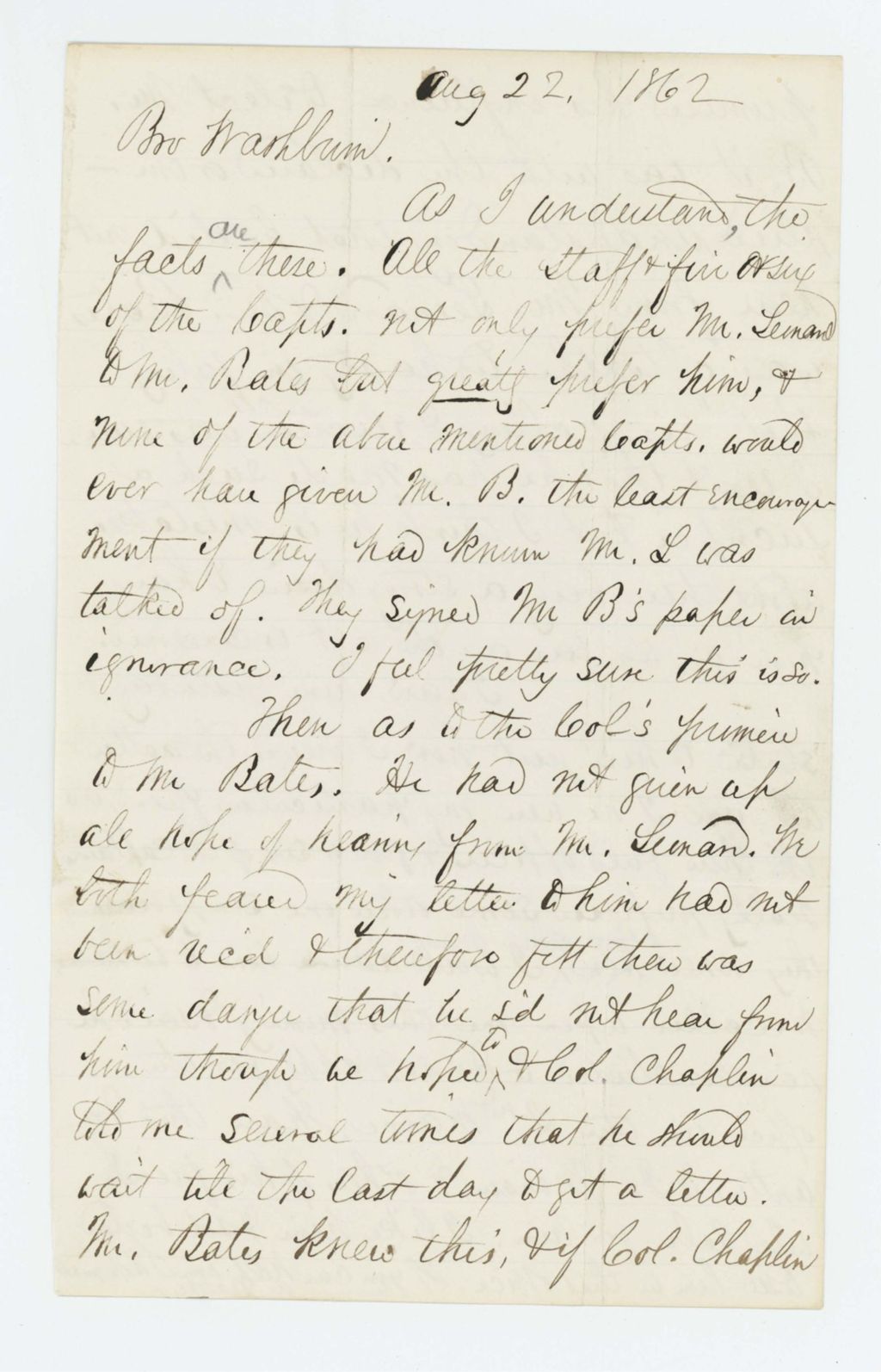 Miniature of Mr. [Battles?] writes against the appointment of Mr. Bates