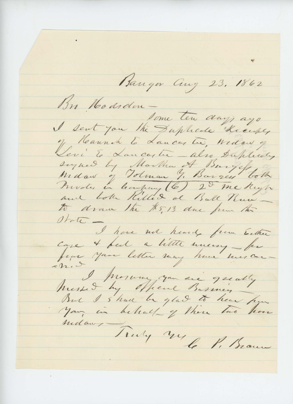 Miniature of C.P. Brown inquires about payments to widows of Levi Lancaster and Tolman Burgess, killed at Bull Run