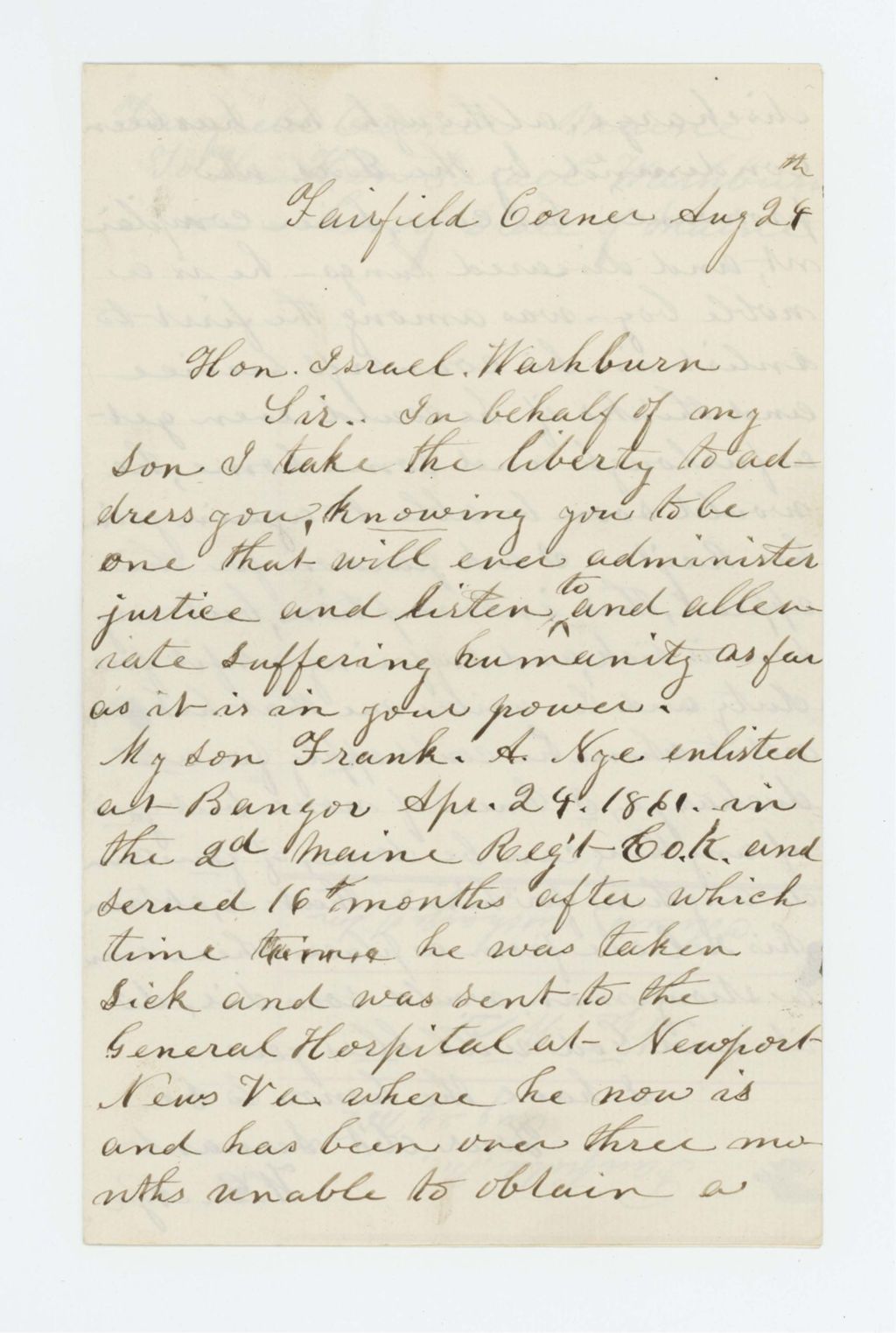 Miniature of W.D. Nye requests a discharge for his ailing son Frank A. Nye