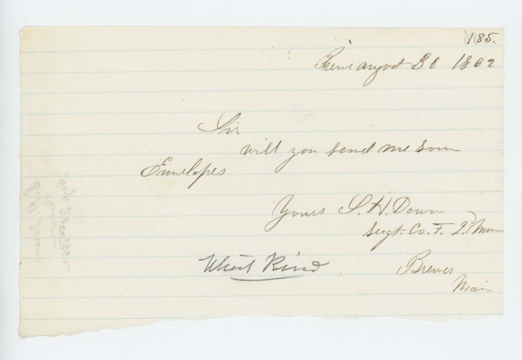 Miniature of Sergeant S.H. Down requests envelopes