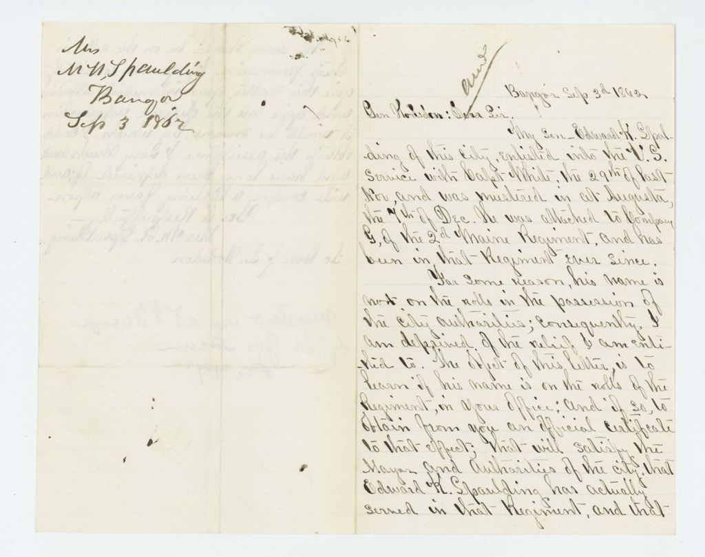 Miniature of Mrs. M.H. Spaulding requests her son Edward K. Spaulding's benefits