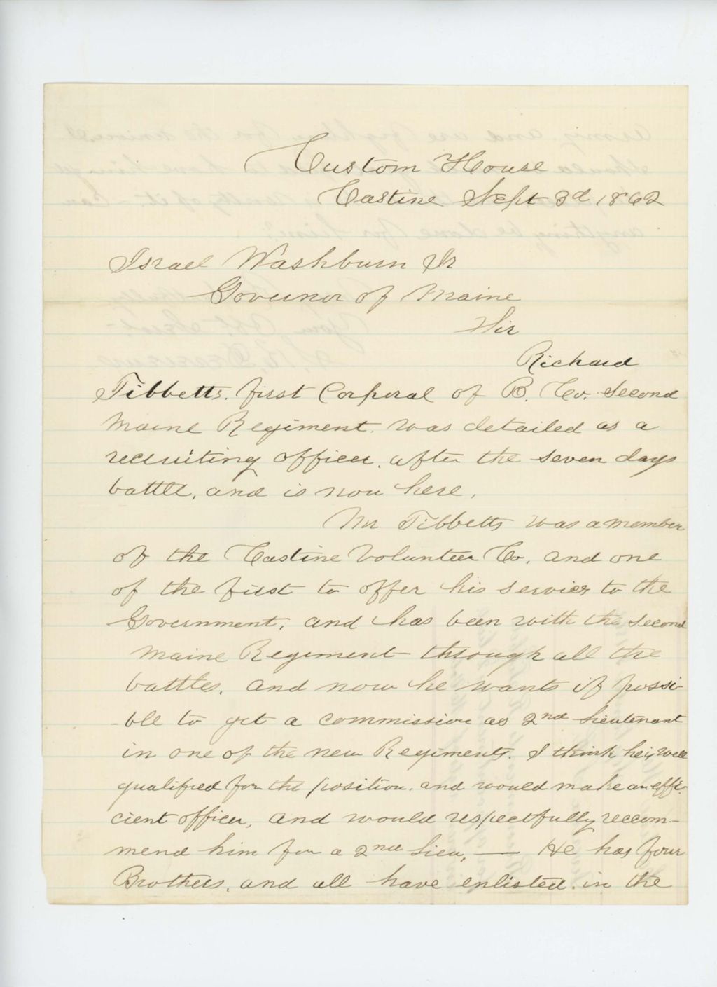 Miniature of S.K. Devereux recommends Corporal Richard Tibbetts for promotion to 2nd lieutenant