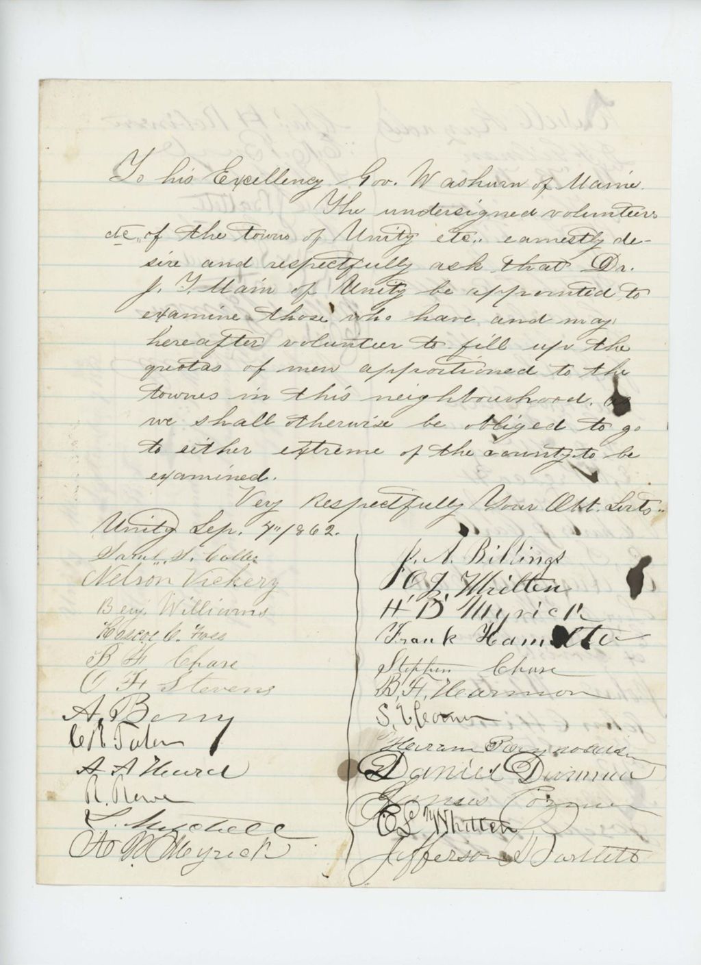 Miniature of Petition of R.F. Harmon and others requesting appointment of Dr. J.T. Main as examining surgeon in Waldo County