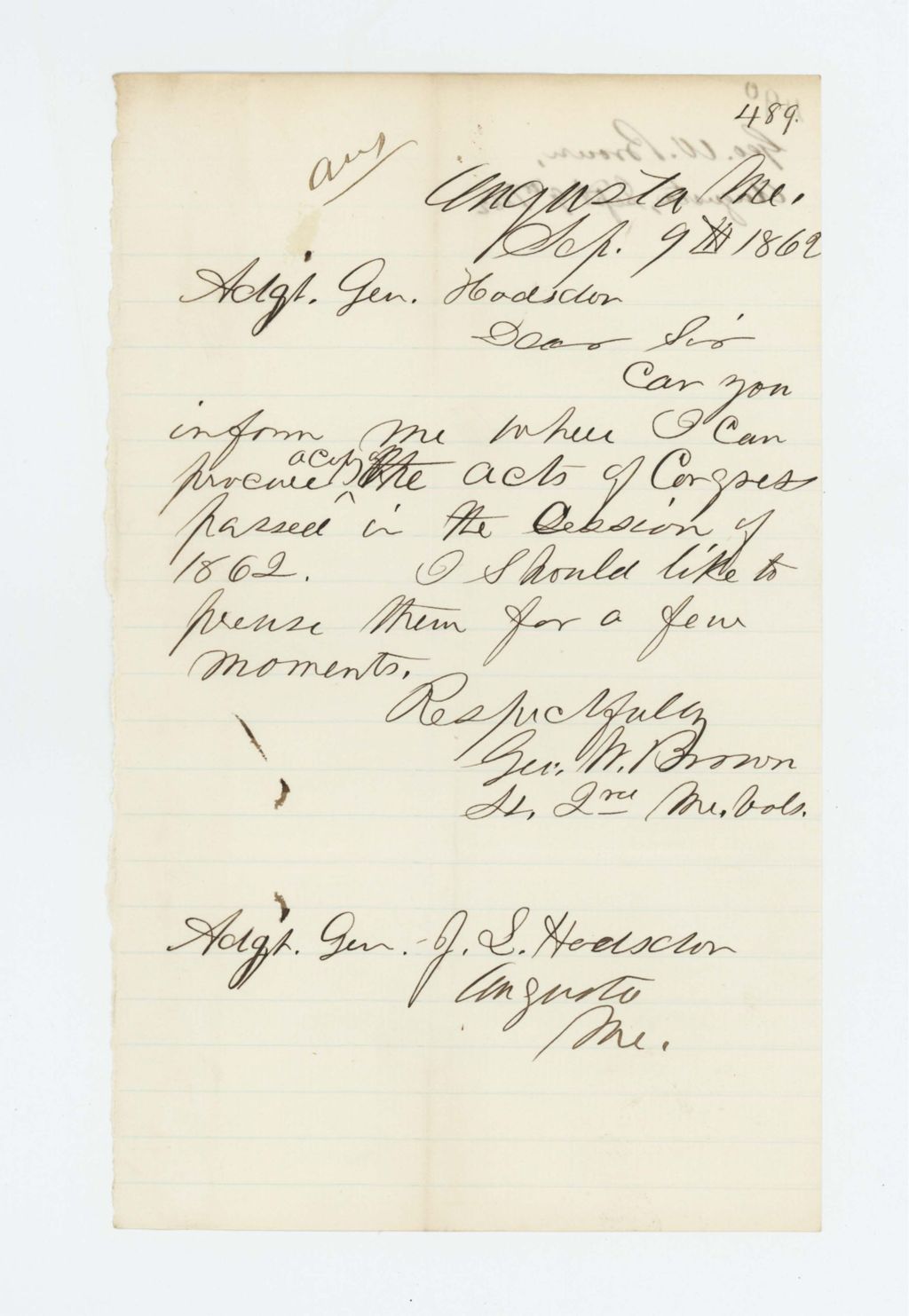 Miniature of Lieutenant George W. Brown requests copies of 1862 Acts of Congress
