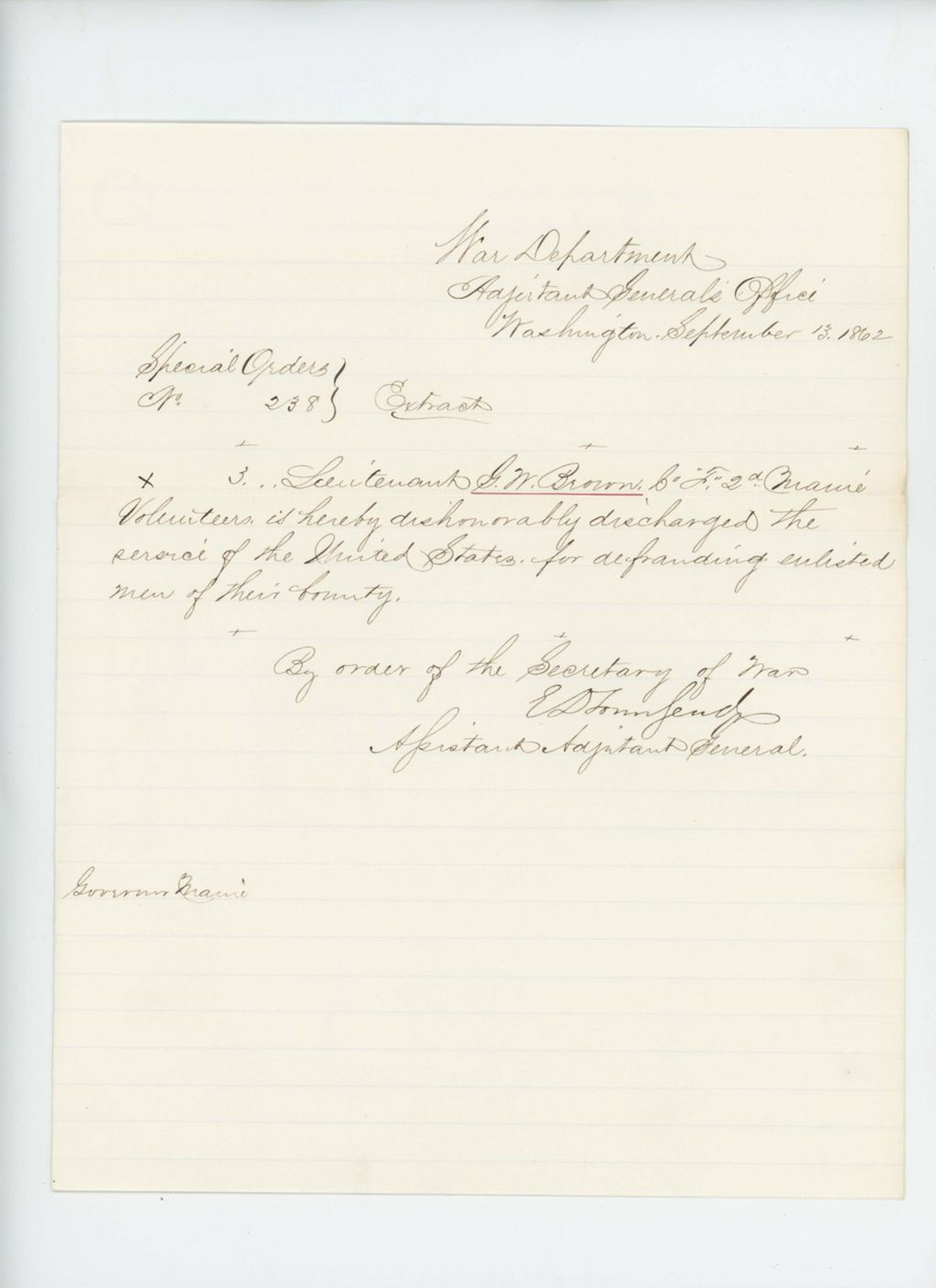 Miniature of Special Order 238 regarding dishonorable discharge of Lieutenant G.W. Brown