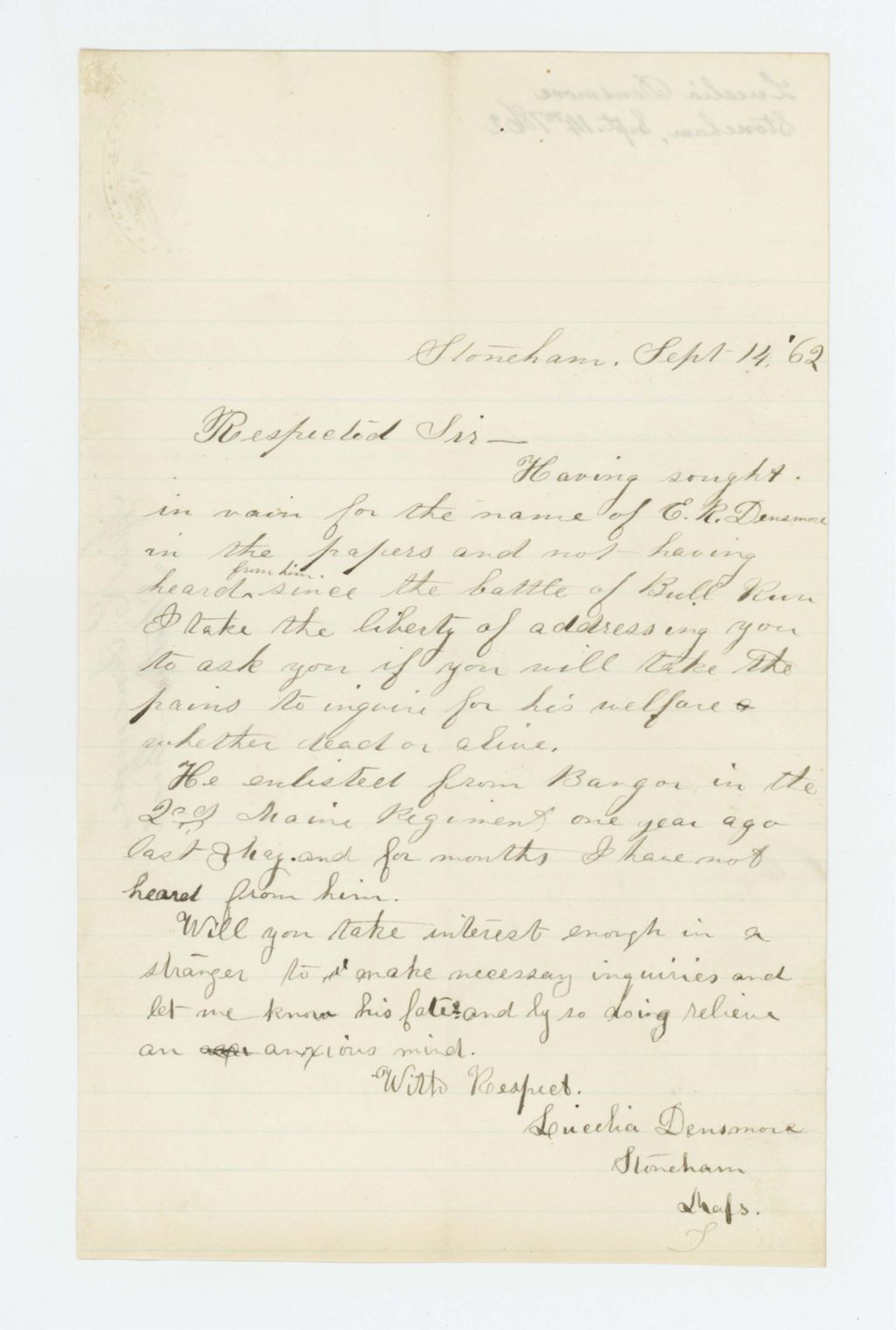 Miniature of Lucelia Densmore inquires about welfare of E.R. Densmore
