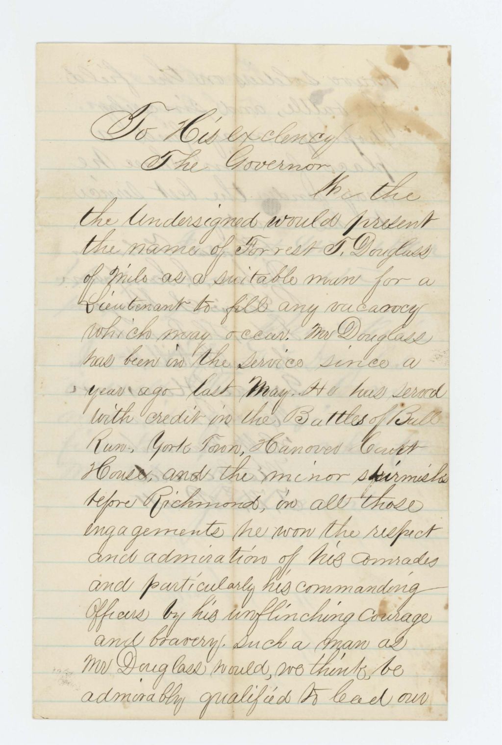 Miniature of Petition of Phineas Tolman, John Rice, and others in support of promotion of Forrest Douglass