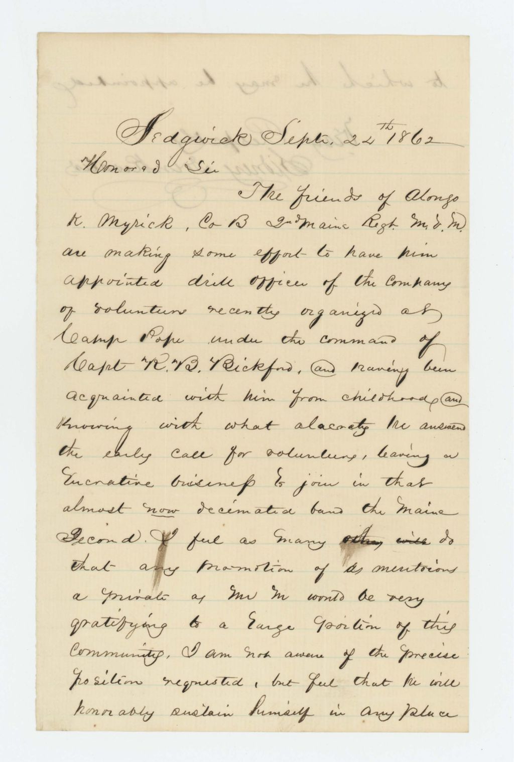 Miniature of Sidney Drinkwater writes in support of Alonzo K. Myrick as drill officer