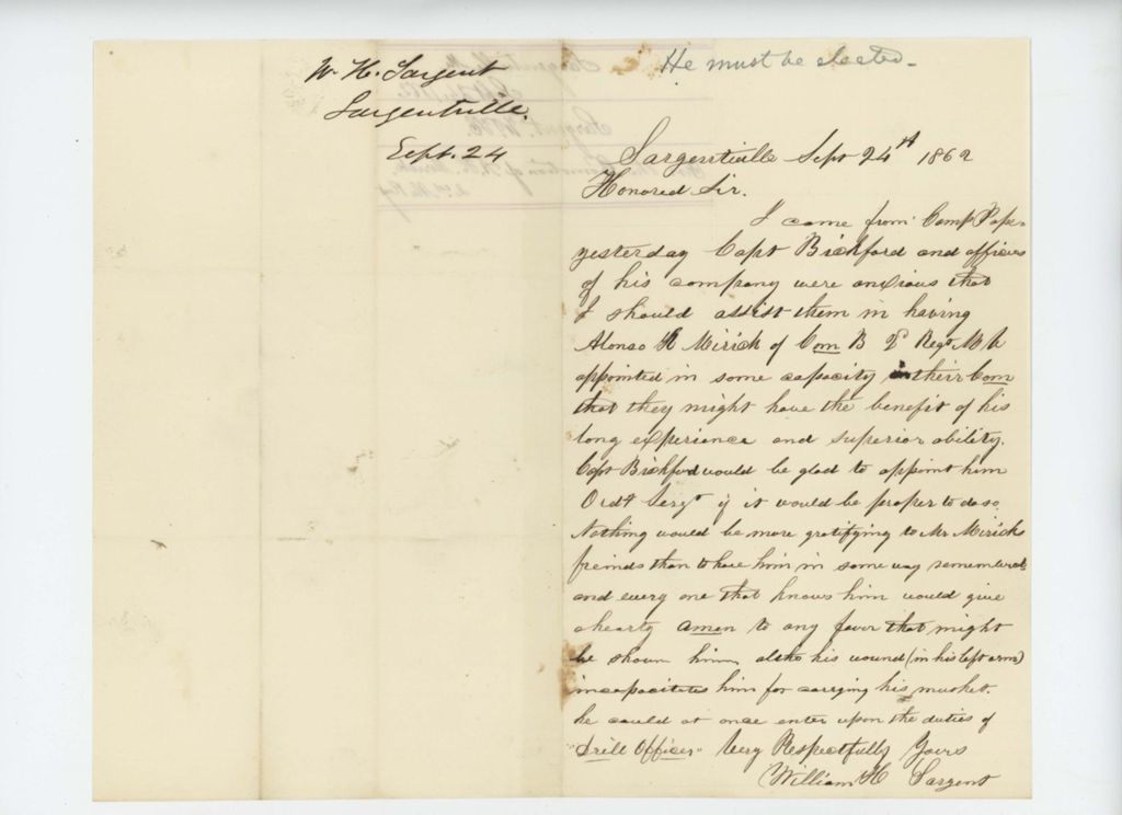 Miniature of William H. Sargent writes in support of Alonzo Mirick [Myrick?] as drill officer