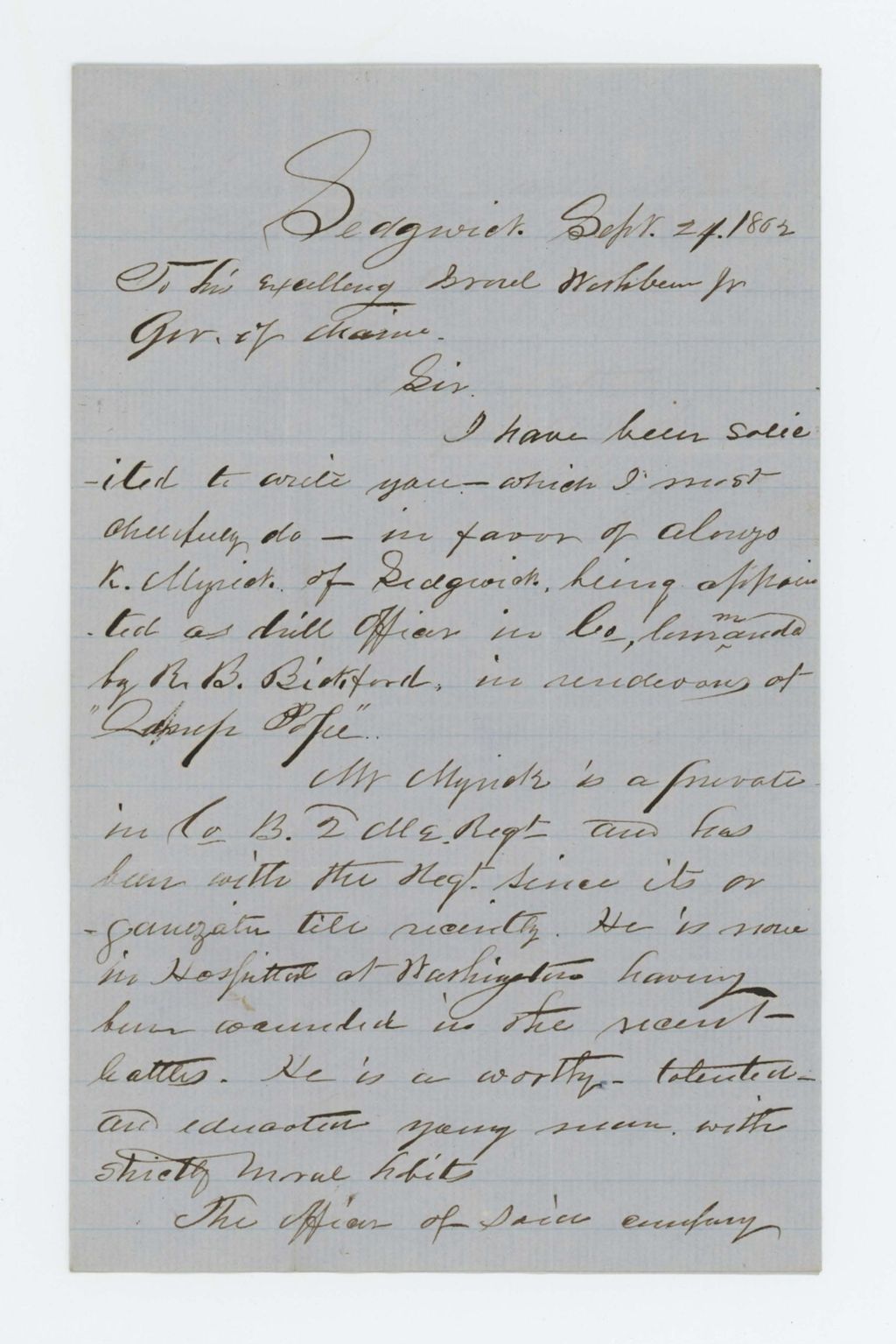Miniature of William H. Sargent writes Governor Washburn in support of Alonzo Mirick [Myrick?] as drill officer