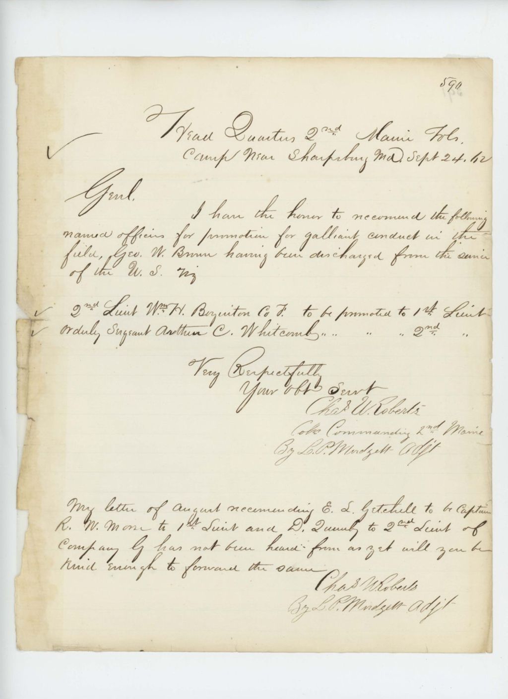Miniature of Colonel Charles W. Roberts recommends William Boyinton and Arthur Whitcomb for promotion for gallant conduct in battle