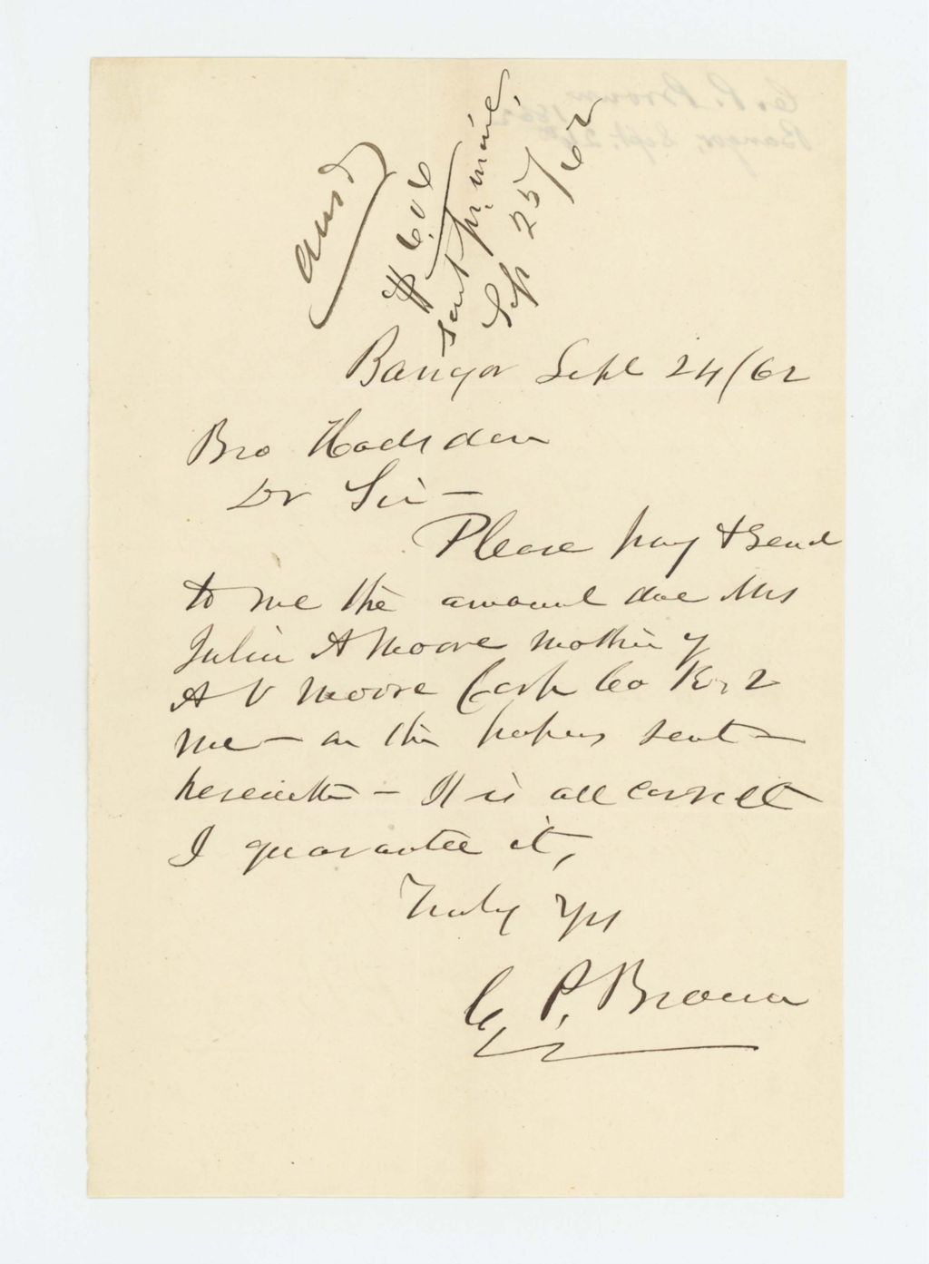 Miniature of C.P. Brown requests pay due Julia A. Moore, mother of A.V. Moore