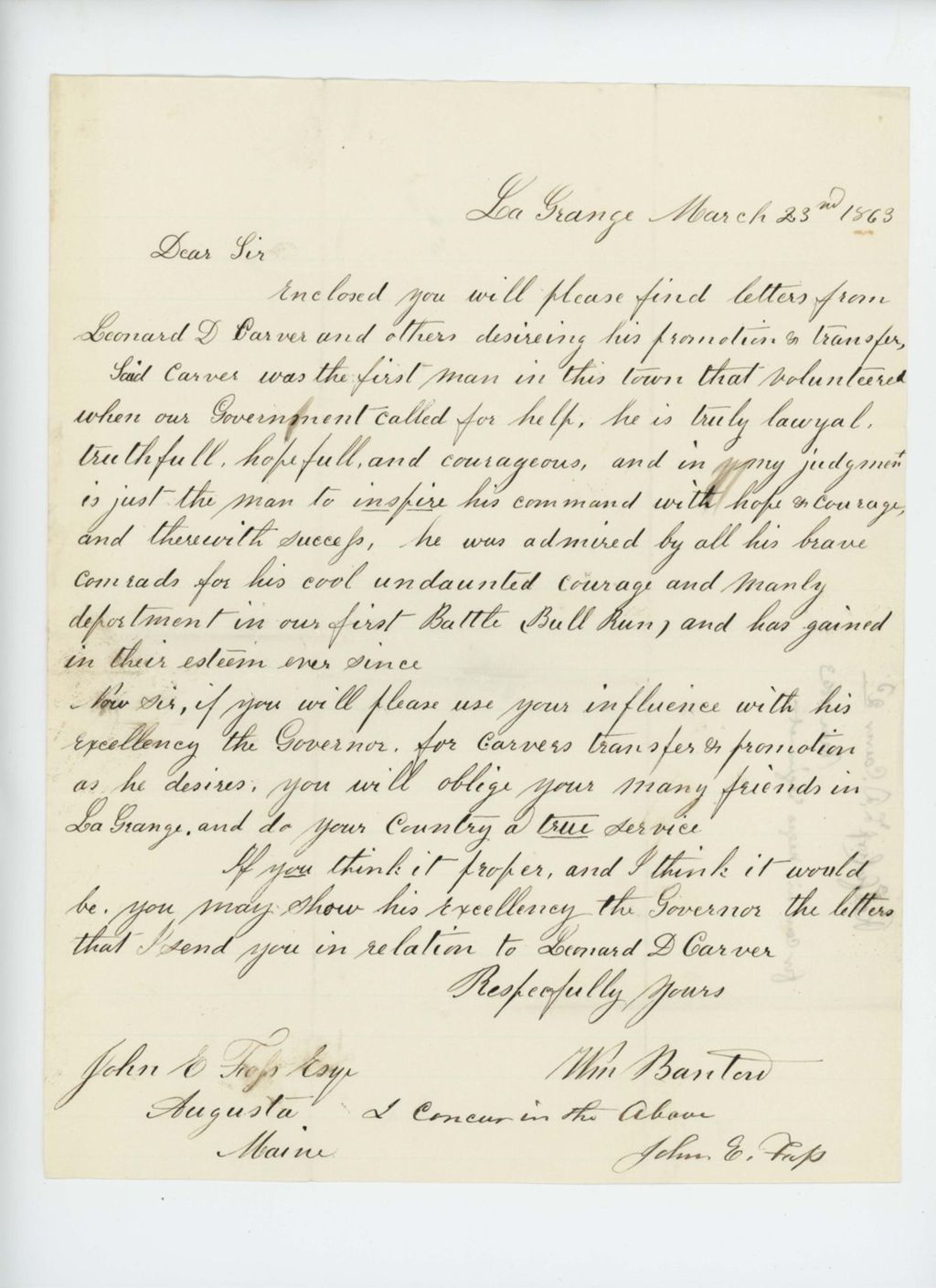 Miniature of William Barton recommends Leonard D. Carver for a commission in the Colored Troops