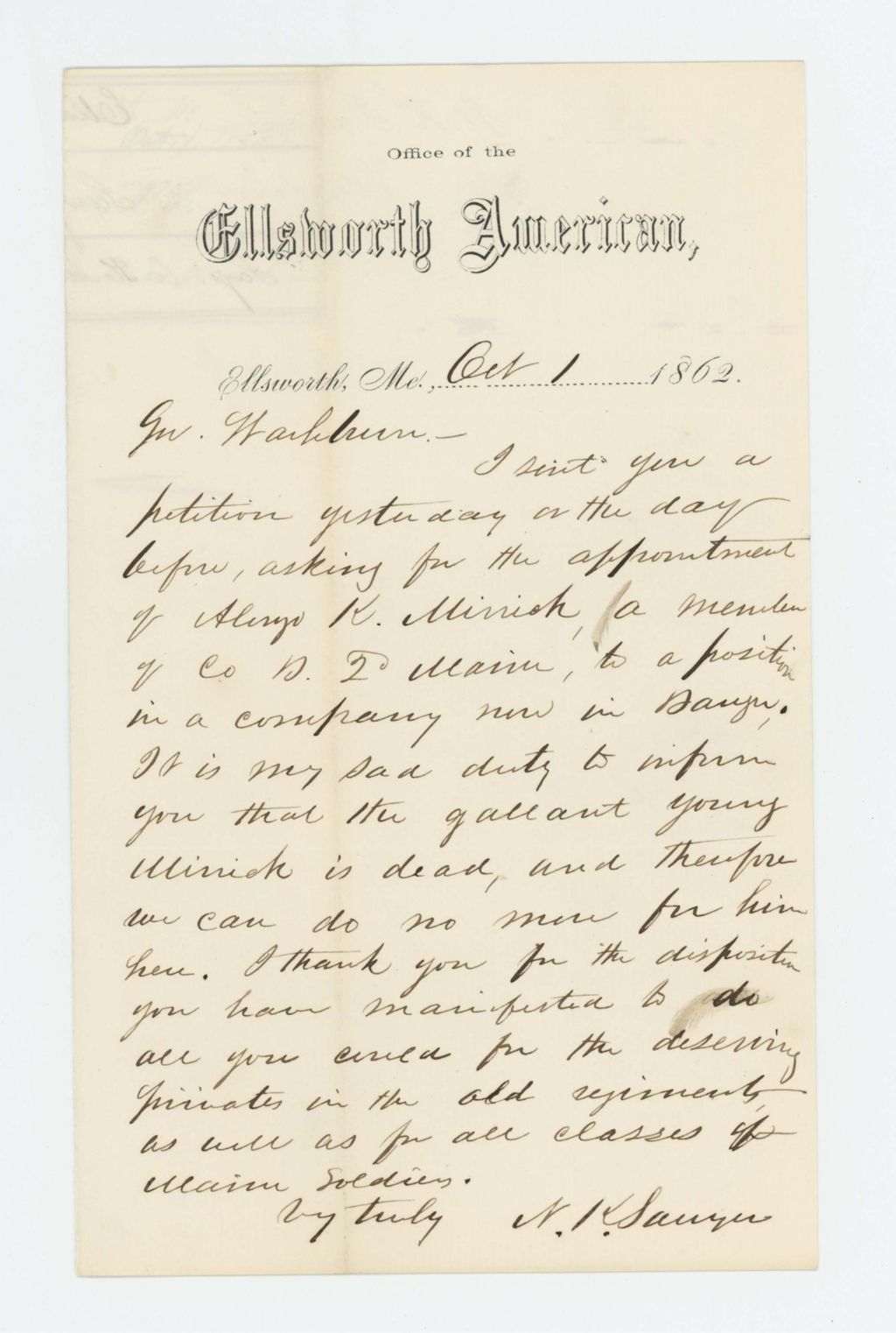 Miniature of N.K. Sawyer reports the death of Alonzo K.  Mirick [Myrick?]