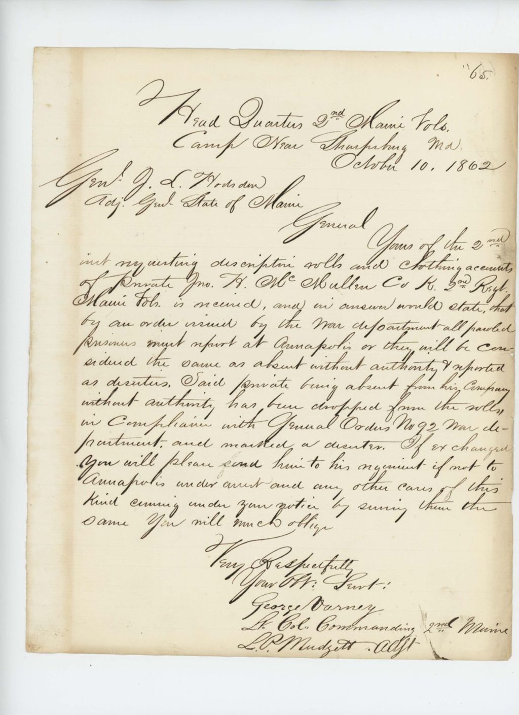 Miniature of Lieutenant Colonel George Varney writes regarding descriptive rolls and clothing accounts