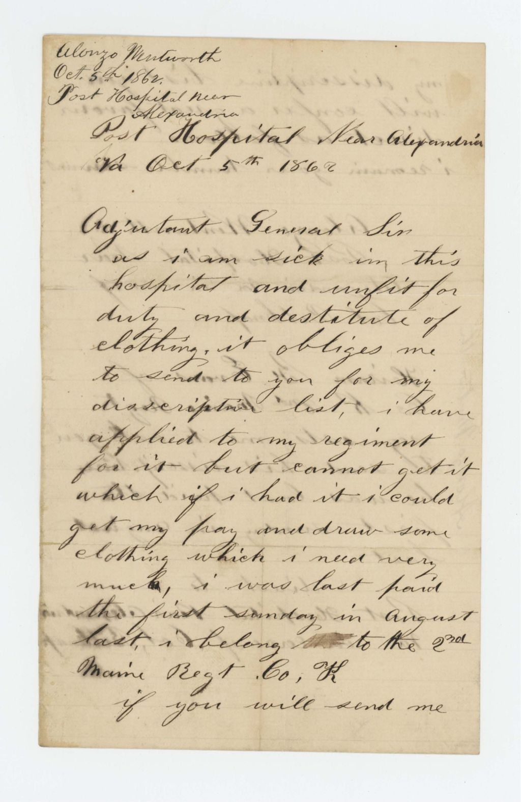 Miniature of Alonzo Wentworth pleads for clothing and descriptive roll for himself and Hiram B. Evans