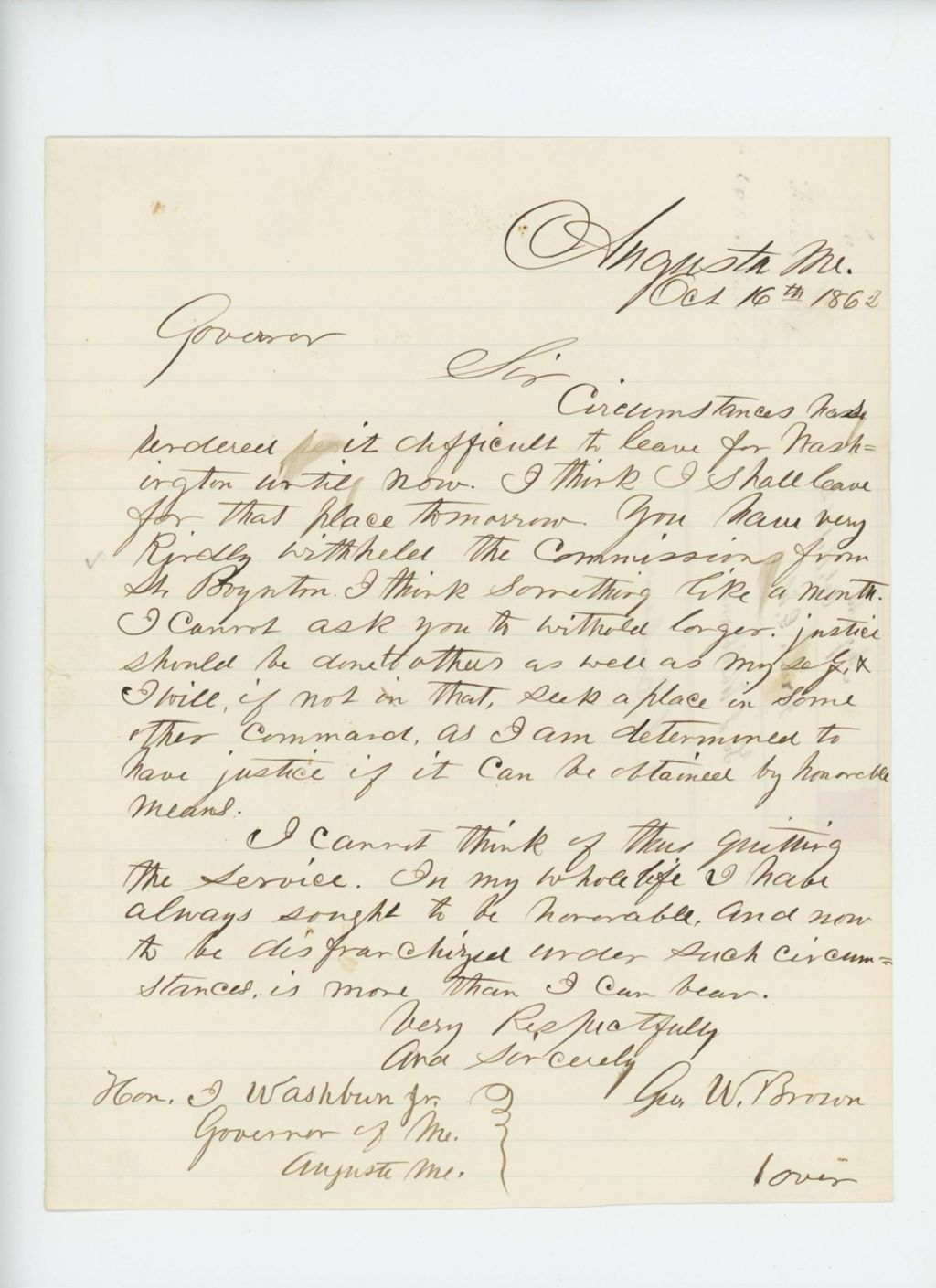 Miniature of George W. Brown writes to Governor Washburn